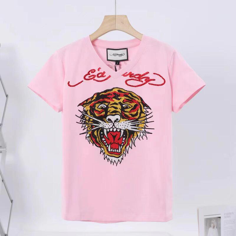 American Trendy Brand Pink Rhinestone Tiger Head Rhinestone Women's Short-Sleeve T-Shirt, Genuine from the Store, New in the Country American Trendy Brand Pink Rhinestone Tiger Head Rhinestone Women's Short-Sleeve T-Shirt, Genuine from the Store, New in the Country