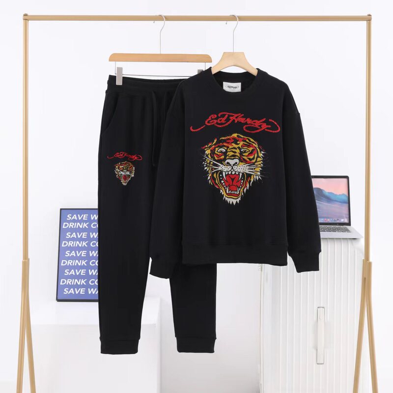Ed Ed Hardy Counter Genuine Tiger Head Black Rhinestone Round Neck Sweatshirt Men's and Women's Set Autumn and Winter New Style