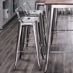 Iron Art Metal Bar Stool, Stainless Steel Color Bar Stool, Solid Wood Simple Bar Chair, Industrial Style High Stool with Backrest