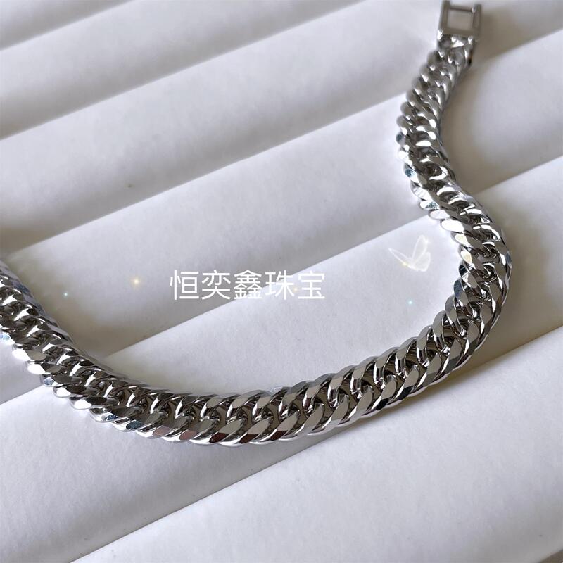 Sterling Silver Flat Chain S925 Silver Jewelry Bracelet Eight-Sided Cuban Chain Japanese Hip-Hop 18K White Gold Plated Side-Cut Whip Chain