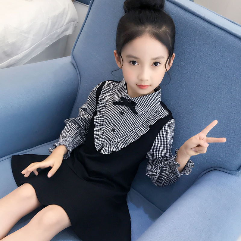 Girl Spring Autumn Ocean Dress New Children's Clothes Children Fake Two Plaid Dresses Female Great Children Korean Version Long Sleeve Dress