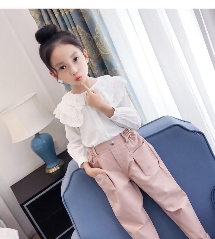 Áo trắng trẻ em nữ 2019 Quần áo trẻ em nữ lớn trai tay dài gas nước ngoài cổ áo mùa thu cô gái mới áo cotton - Áo sơ mi sơ mi cộc tay cho bé