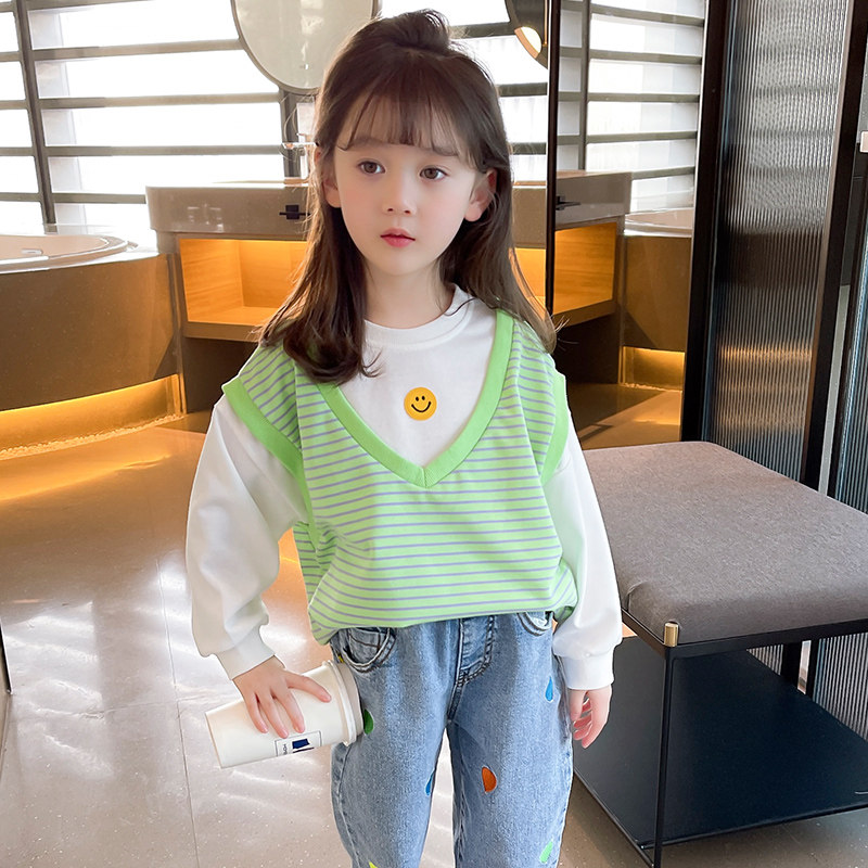 Girl Thick T-Shirt Spring Autumn 2022 New Little Girl Spring Dress Smile Face Loose Casual Long Sleeve Child Fake two blouses