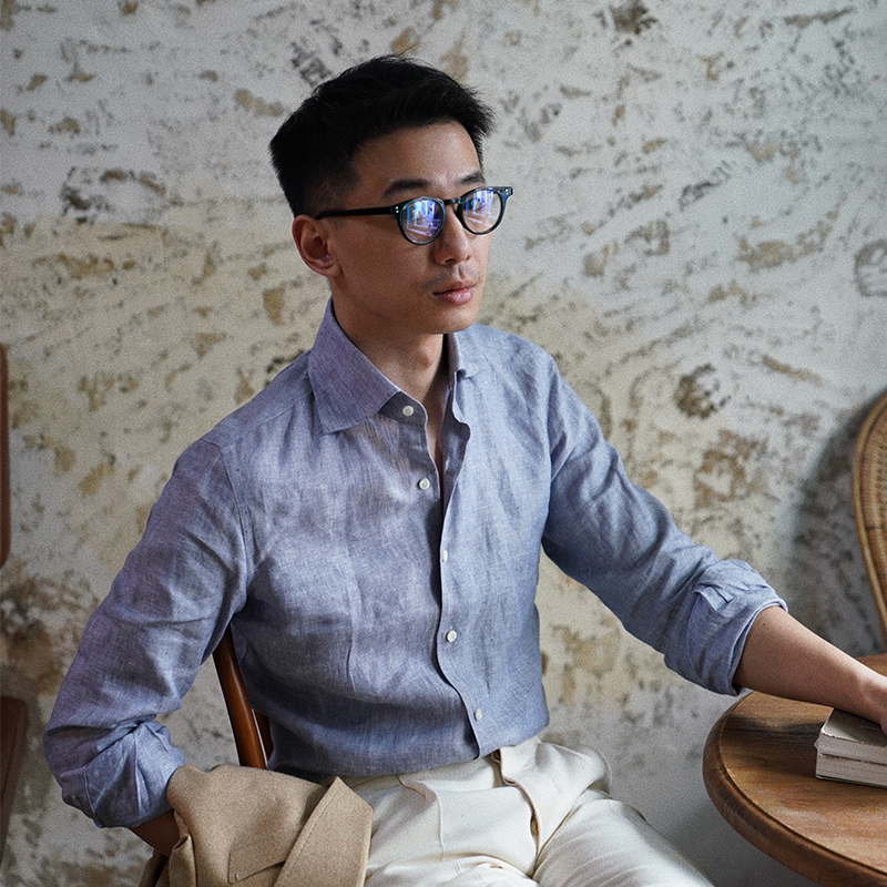 Carmurat Queen of Naples Linen Gray-Blue Eight-Character Collar Hidden Button Business Casual Men's Shirt 217