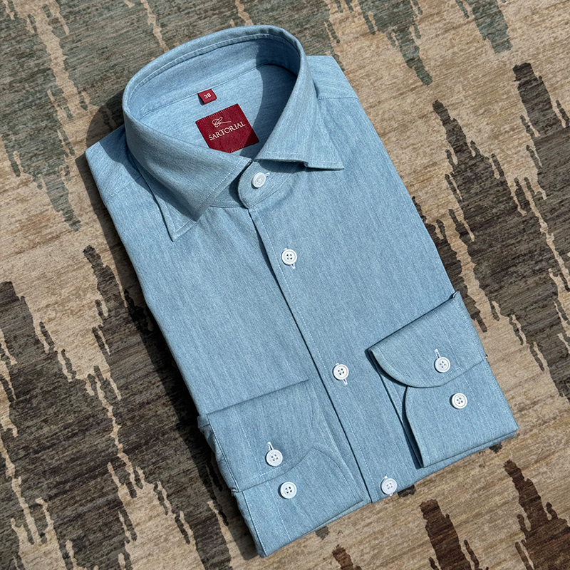 Cm Naples Queen Light Blue All-Cotton Washed Denim Italian-Style Eight-Character Collar Hidden Button Business Men's Shirt