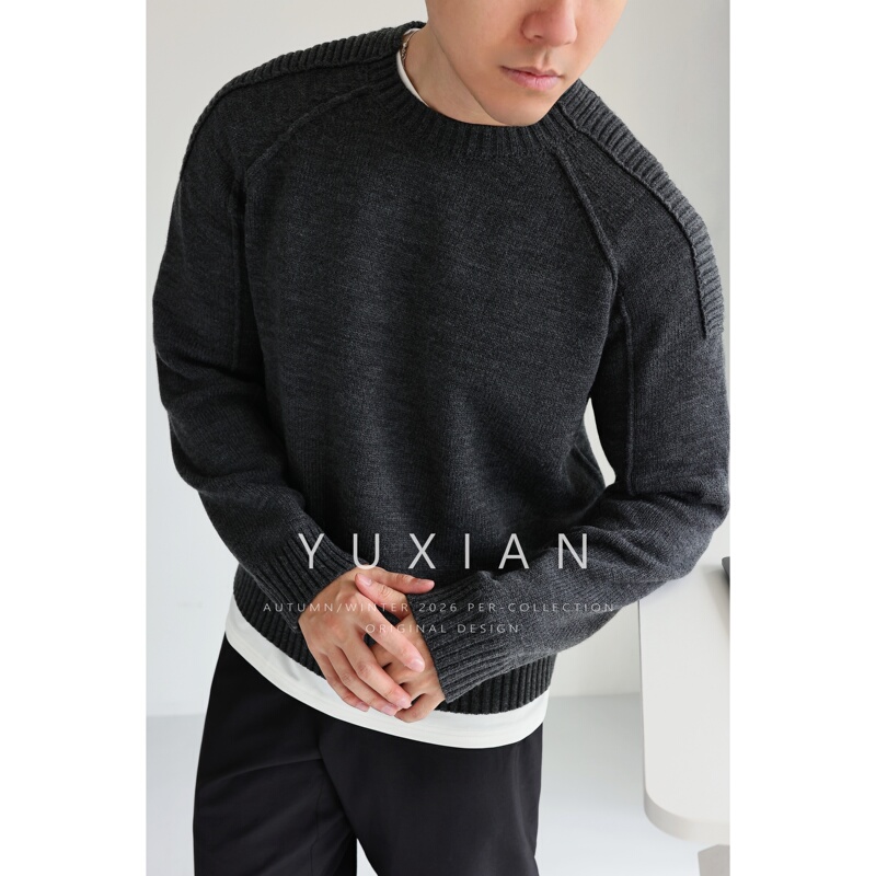 【Ribbed Shoulder Pad Structure】Merino Wool Knitted Casual Business Raglan Crew Neck Long-Sleeve Sweatshirt Sweater for Autumn 【Ribbed Shoulder Pad Structure】Merino Wool Knitted Casual Business Raglan Crew Neck Long-Sleeve Sweatshirt Sweater for Autumn