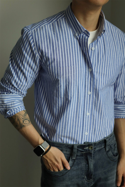 YUXIAN leisure striped all-match blue stacked shirt men's long-end-end business casual commuting pure cotton handsome