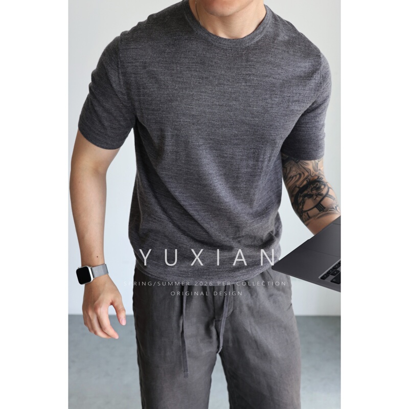 [Fine Worsted Wool] Italian-Style Lightweight and Breathable Knitted Short-Sleeved Round-Neck Business Casual Drapey T-Shirt for Men in Spring and Summer