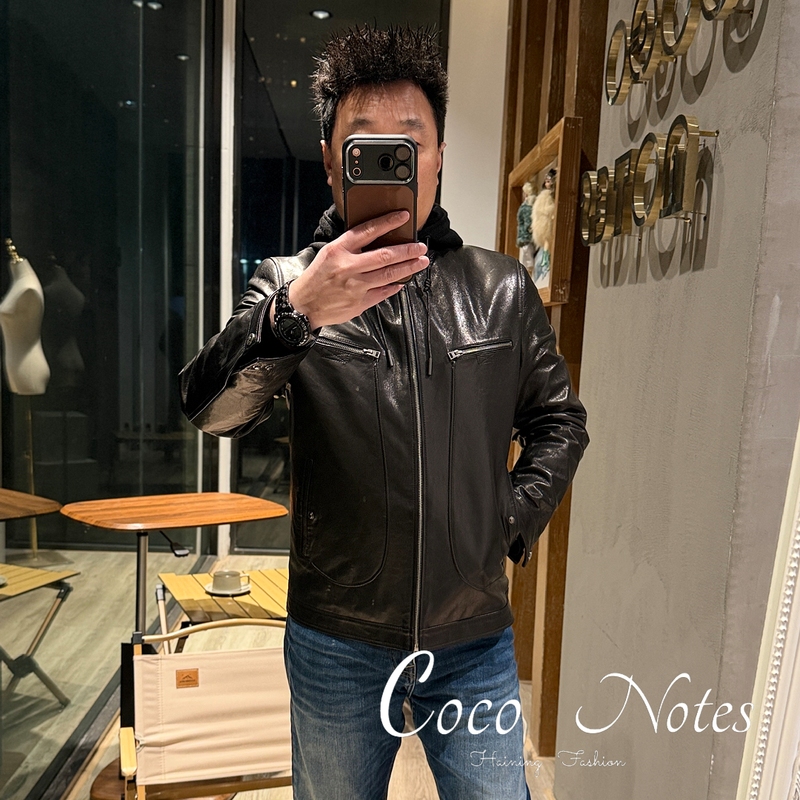 Coco Notes Mk26090 Men's Goat Leather Hooded Detachable Motorcycle Jacket Leather Coat