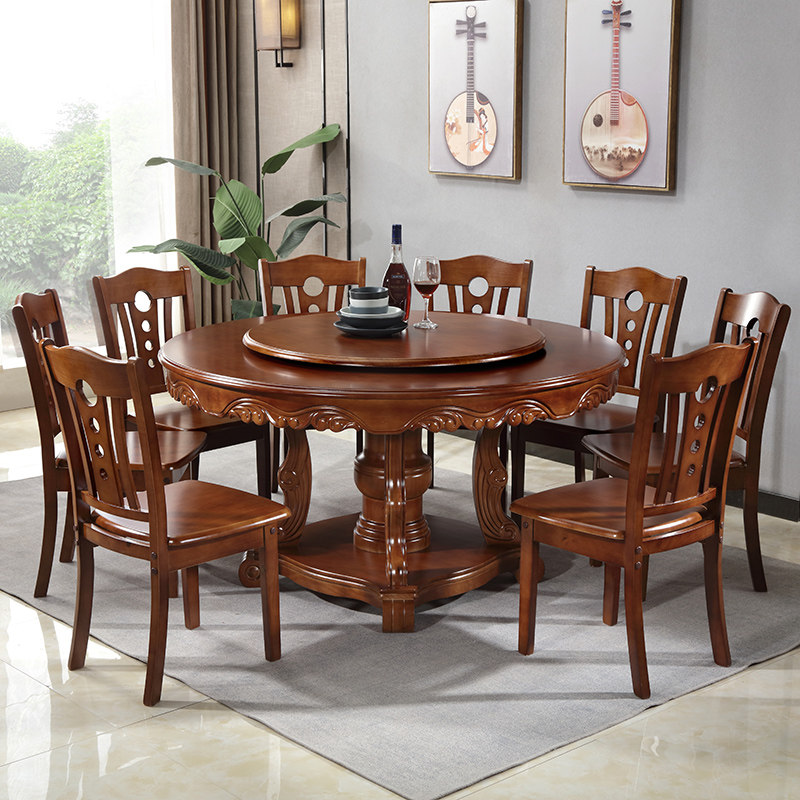 Chinese solid wood dining table with turntable 12 people round dining table household large round table dining table round dining table and chair combination