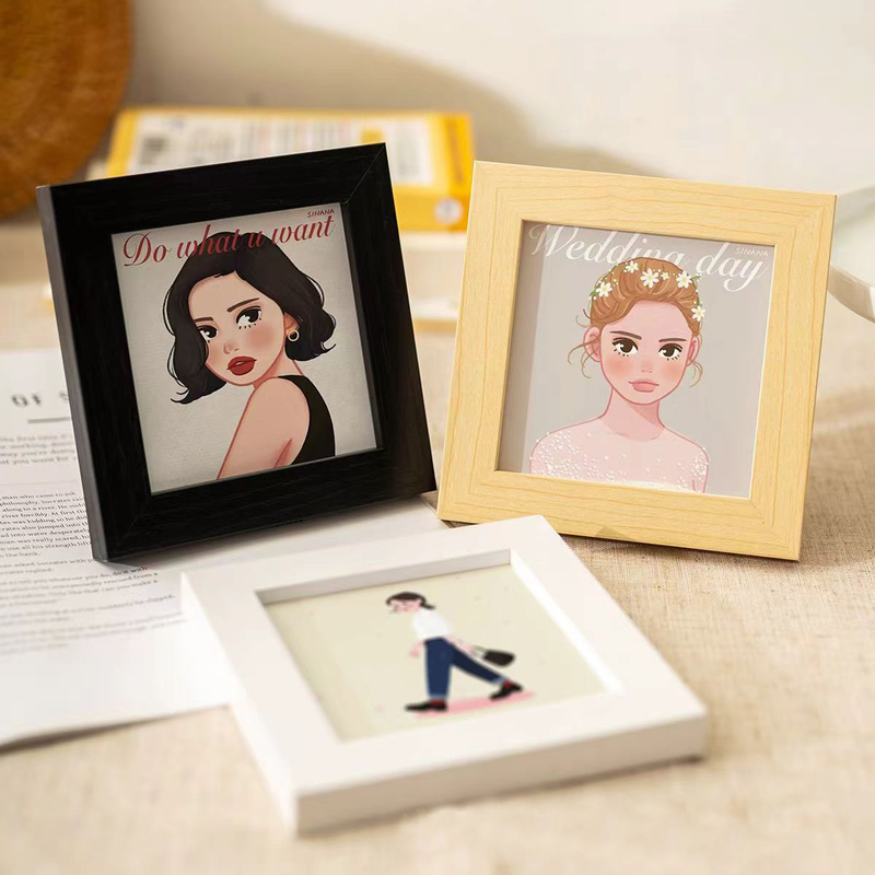 Small Square 4inch Ultra-Thin Photo Frame Stand Creative Cartoon Photo Frame Wooden Mini Texture Picture Frame Decorative Frame