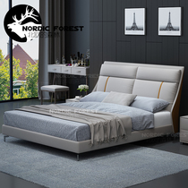  Nordic leather bedside leather bed Solid wood double bed 1 8 1 5 meters light luxury wedding bed Minimalist modern leather bed
