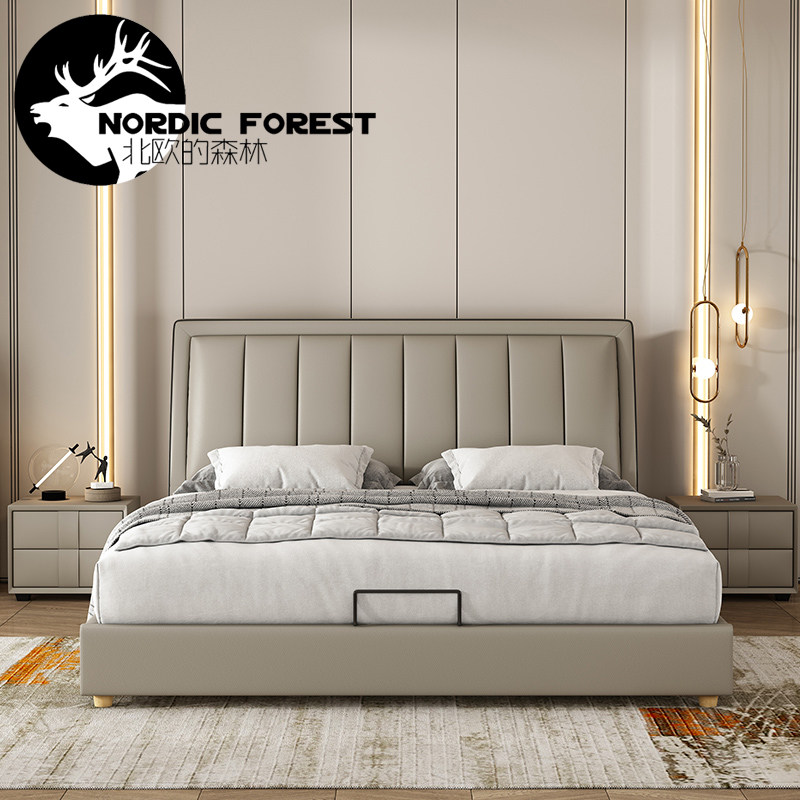 Italian minimalist modern light luxury leather bed Nordic minimalist bedroom double 1 8m small apartment leather wedding bed soft bed