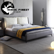  Light luxury leather bed Leather bed Modern simple Nordic small apartment double bed 1 8 meters small household head bedroom Italian leather bed