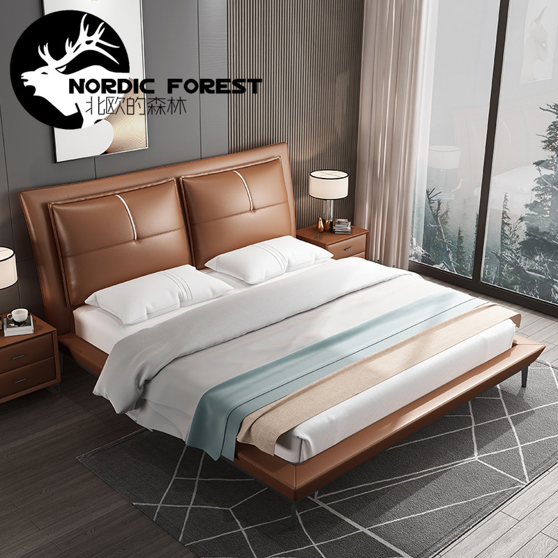Nordic minimalist Italian-style first layer cowhide leather bed modern minimalist light luxury 1 8 meters bedroom master bedroom soft wedding bed
