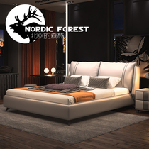 Nordic light luxury solid wood leather bed Leather bed Modern simple double bed 1 8 meters master bedroom minimalist small apartment wedding bed