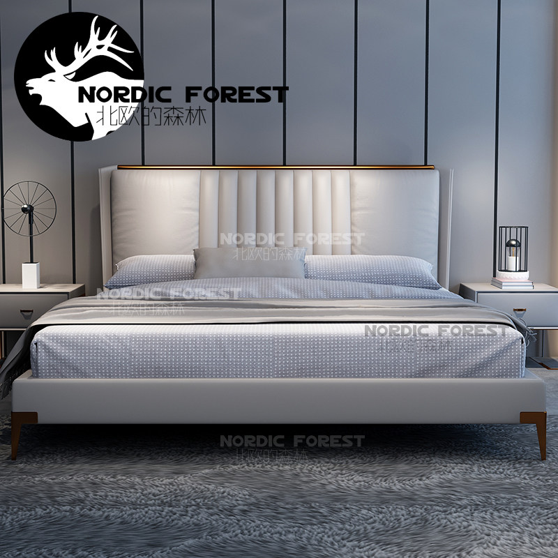 Nordic light luxury solid wood leather bed Leather bed Modern simple double bed 1 8 meters master bedroom Minimalist small apartment wedding bed