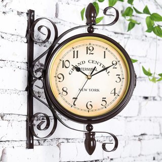 European-Style Wrought Iron Double-Sided Wall Clock, Creative American-Style Double-Sided Clock, Modern Simple Living Room Home Clock, Retro