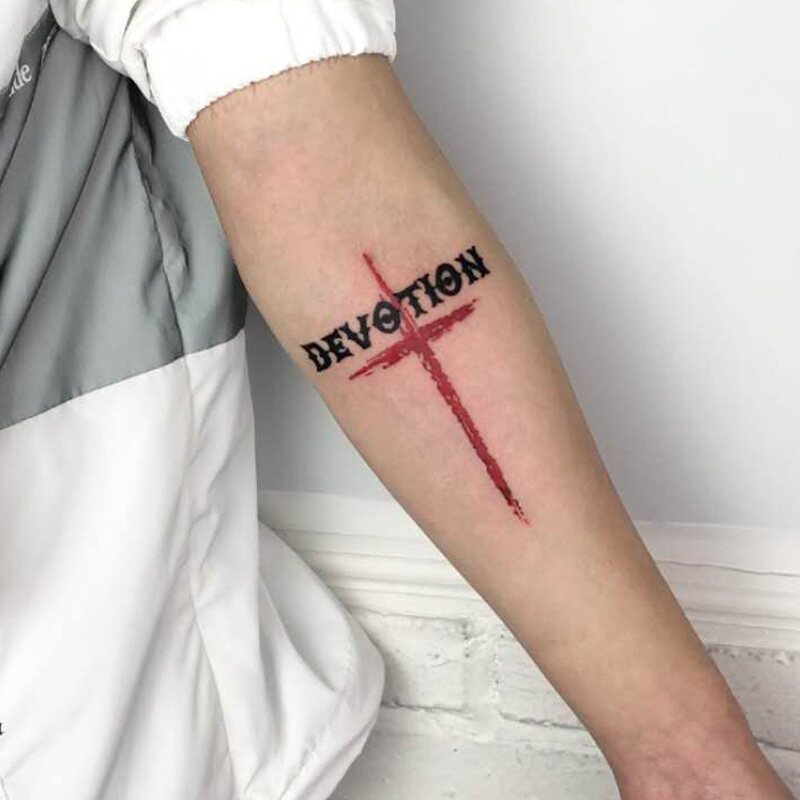 (one copy of 2) Cross tattooed with English letter Waterproof Male Durable Arm Small Arm Emulation body paper