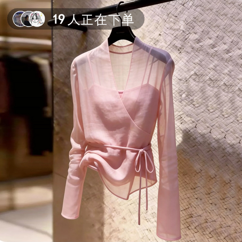 French-Style Pink Shirt for Women, Long-Sleeved, New Summer Sun-Protective Thin Shirt with Tie Waist, Trendy Top