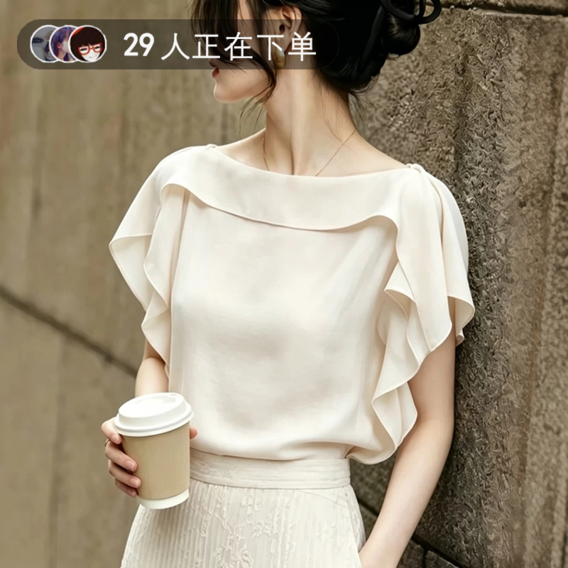 French-Style Off-Shoulder Ruffled Blouse for Women, Short-Sleeved Chiffon Top, New Summer Style, Slimming and Elegant, Suitable for Work French-Style Off-Shoulder Ruffled Blouse for Women, Short-Sleeved Chiffon Top, New Summer Style, Slimming and Elegant, Suitable for Work