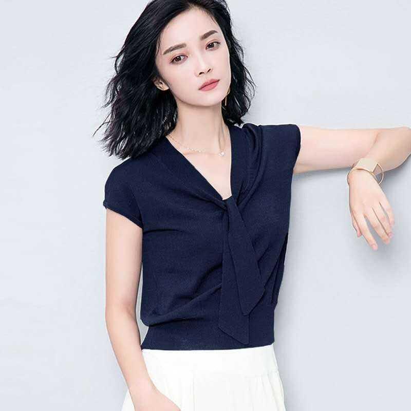 Summer băng knitshirt băng mỏng không tay lỏng lẻo t-shirt của phụ nữ với quần rộng chân V-cổ rắn màu đầu ngắn tay