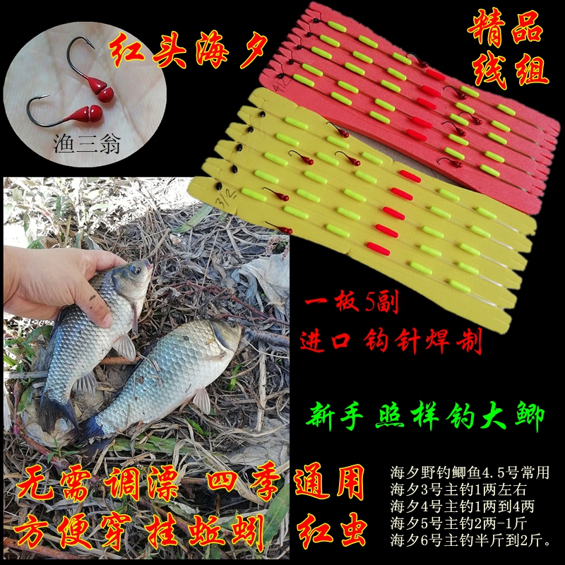 Imported Jinhai Xi Chao Tian Hook Line Set with Seven-Star Float and Red Head, Traditional Fishing Rig for Crucian Carp with Fine Hook and Red Worm