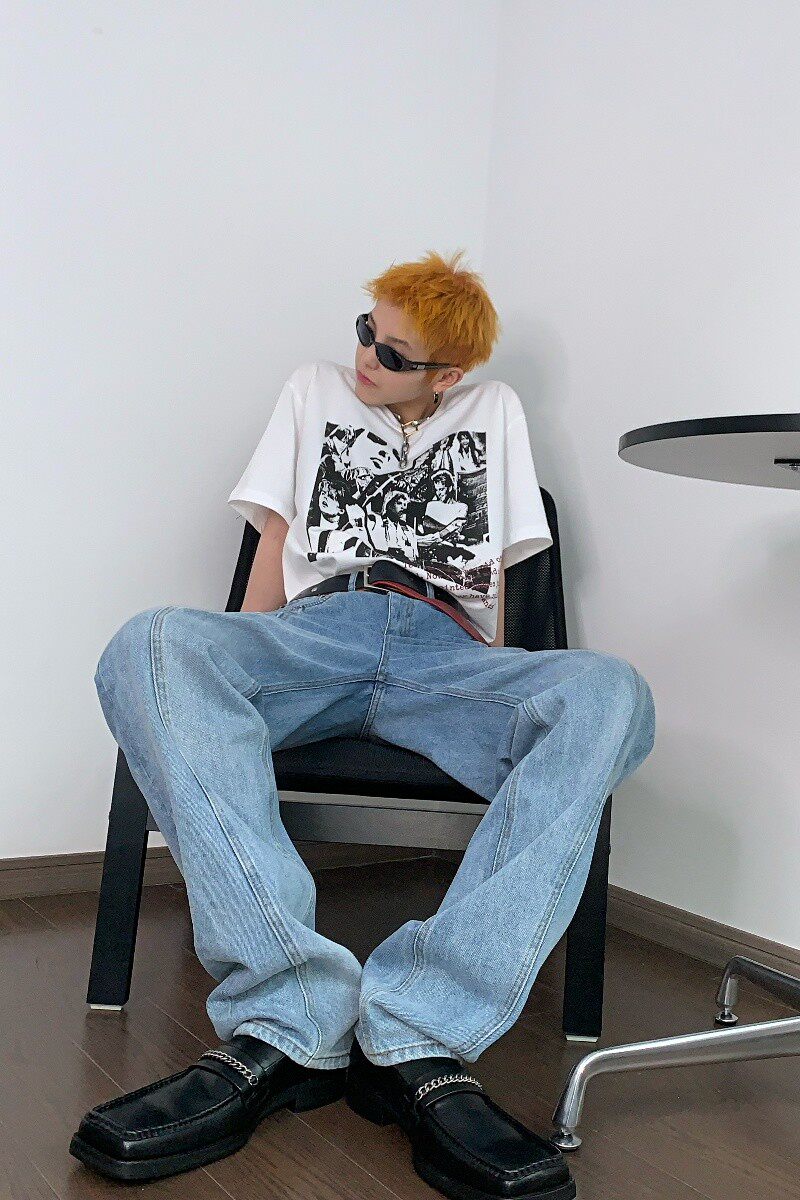 DTHEREAL] Clearance pleated trousers midline thin high waist leg length niche design jeans trousers for men and women