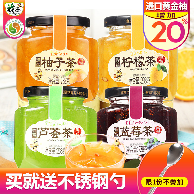 (Send Steel Spoon) Flower Saint Honey Grapefruit tea Lemon Aloe Vera Blueberry 238g * 4 Bottles Rinderless drinks Pot jam