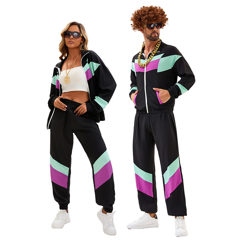 Halloween Costume 80S Retro Disco Hip-Hop Sports Jacket and Pants Set for Men and Women Adult Dance