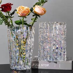 Vase Decoration for Living Room, Flower Arrangement, Transparent Glass, Glacier Style, Light Luxury, High-End Feel, Water-Cultivated, ins Large Diameter, Trendy Fresh Flowers