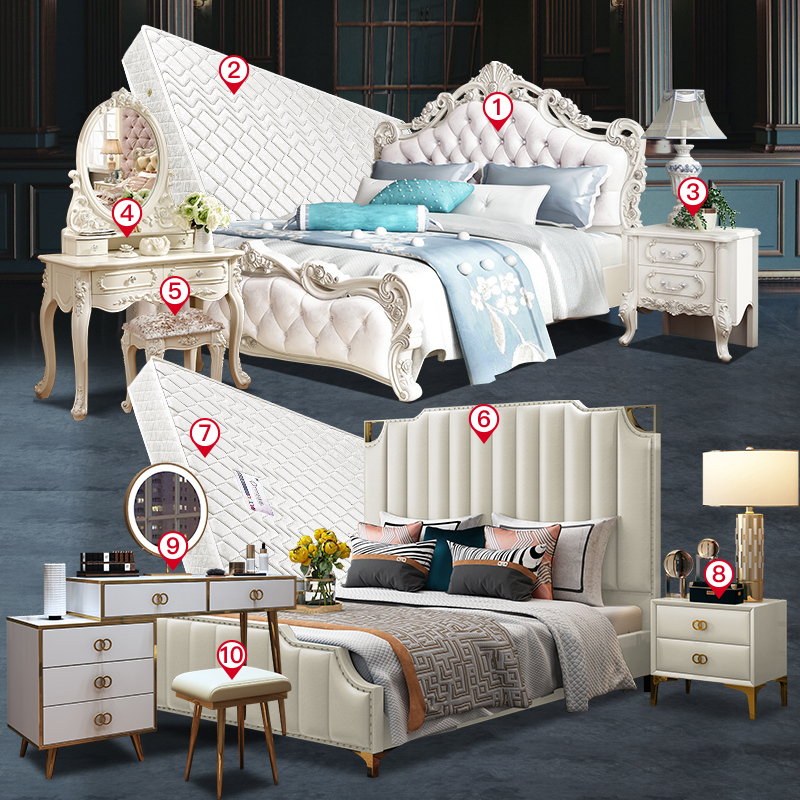 European -style bed princess bed solid wood double bed modern minimalist main bed bed white carved bed furniture set combination (21433:50753460:size:1800mm*2000mm;1627207:8124668430:Color classification:Two -bedroom bedroom package Five present consulta