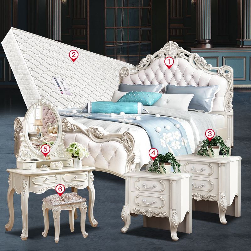 European -style bed princess bed solid wood double bed modern minimalist main bed bed white carved bed furniture set combination (21433:50753460:size:1800mm*2000mm;1627207:13340250480:Color classification:Bed+cabinet*2+mattress*1+table+stool now places a