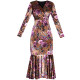 I haven't seen it this autumn~Autumn and winter new retro velvet V-neck fishtail ruffled printed gold velvet knee-length dress