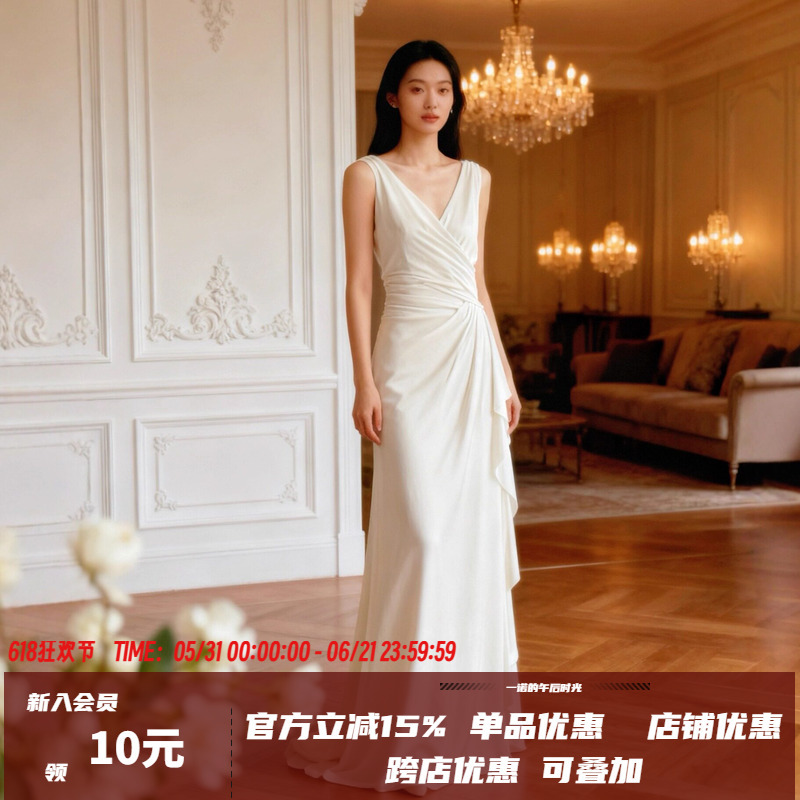 Moonlight Returns Draping Slimming Long Dress | V-Neck Elegant Gown for Marriage Registration and Wedding, White Long Dress 2348 Moonlight Returns Draping Slimming Long Dress | V-Neck Elegant Gown for Marriage Registration and Wedding, White Long Dress 2348