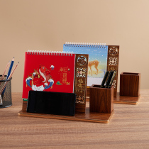 2022 Wooden Pen Holder Desk Calendar Tiger Year Notepad Calendar Table Calendar Printed Monthly Calendar For Company Bronzing Custom