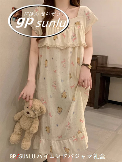 日本GP可爱卡通短袖睡裙女夏季薄款甜美防凸点睡衣长款学生家居服