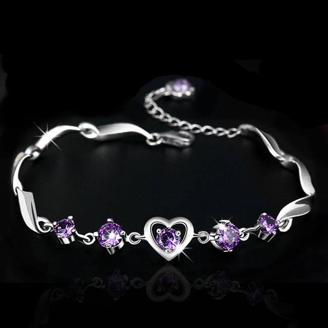 925 Pure Silver Peach Hearts Bracelet Purple Crystal Love Shape 7 New Year's Eve Ornaments Girlfriend Silver Hand Decorated Gifts Can Be Engraved