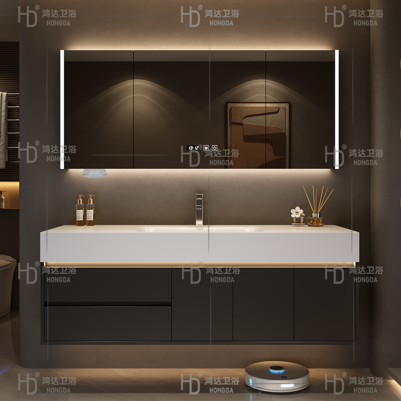 Sintered Stone Integrated Basin Bathroom Cabinet Set, Black Washbasin, Face Basin, Vanity Unit