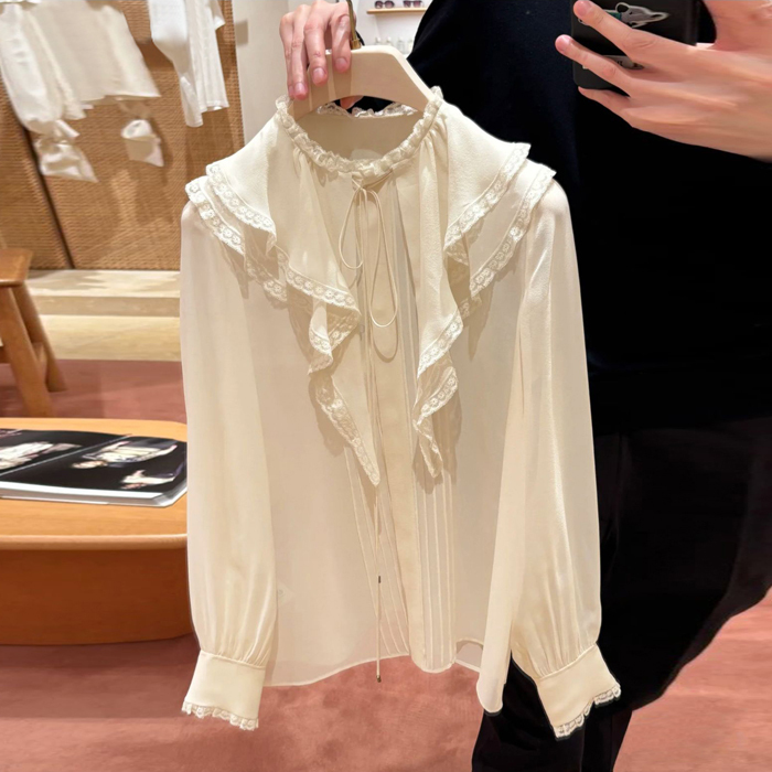 Fairy Collection Antique Handmade Ruffled Lace Embroidery Sultry Charming Pearl White Mulberry Silk Shirt Long Sleeve