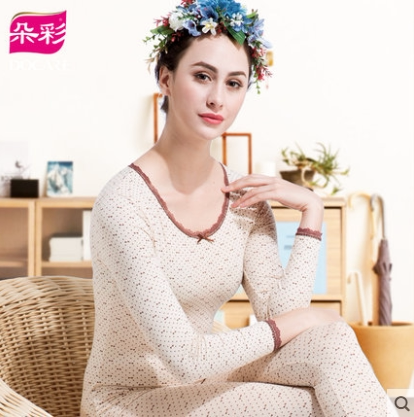 Duocai natural colored cotton lace printing women's thermal underwear set pure cotton autumn clothes and johns thin section bottoming cotton sweater