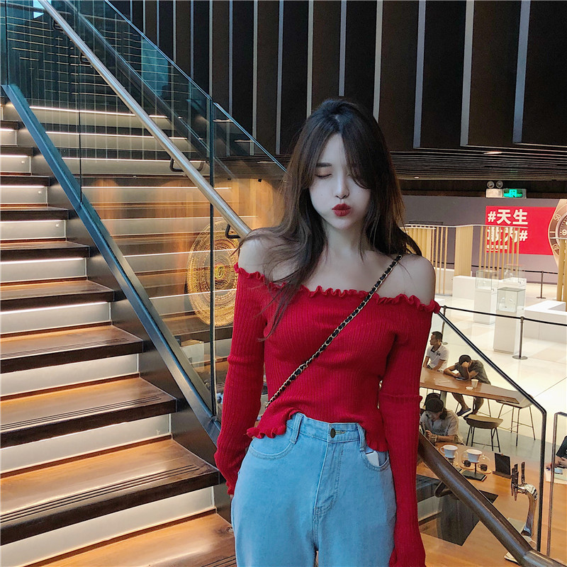 2018 mới Hồng Kông phong cách mùa thu phong cách Hàn Quốc từ bỏ vai gỗ tai len áo len dài tay mỏng đáy ngắn quần áo nữ đẹp