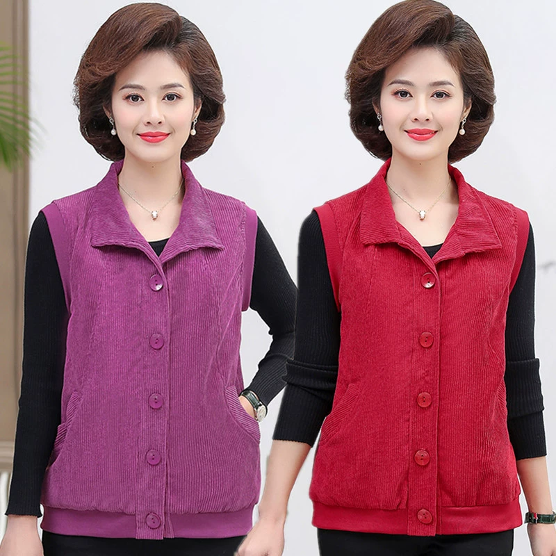 Áo khoác ghi lê của mẹ dành cho nữ mùa xuân và mùa thu áo khoác ghi lê mỏng của bà già áo khoác ghi lê cotton của phụ nữ trung niên và cao tuổi áo vest nhung của phụ nữ - Áo vest