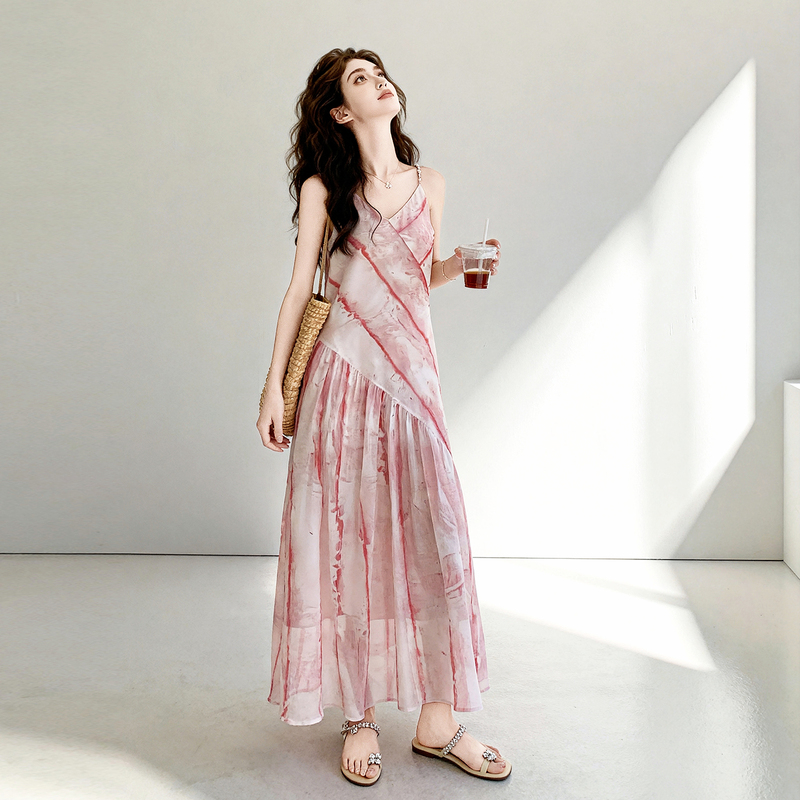 Pink Smudged Striped Print Suspender Dress for Women, Summer 2026 New Style, French Resort Style, Stunning and Elegant Long Dress