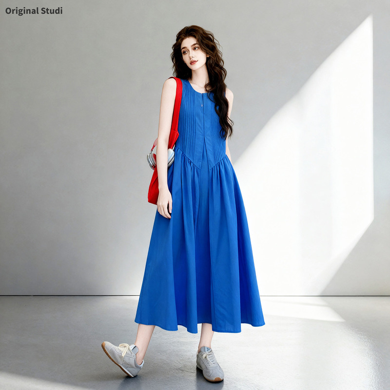 French-Style Blue Age-Reducing Sleeveless Dress for Women, Summer 2026 New Trendy Loose Casual Long Dress French-Style Blue Age-Reducing Sleeveless Dress for Women, Summer 2026 New Trendy Loose Casual Long Dress