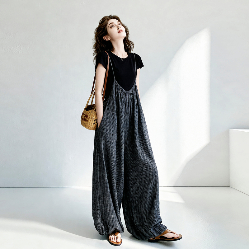 Casual Plaid Overalls Set for Women, Summer 2026 New Style, Black T-Shirt and Wide-Leg Lantern Pants Two-Piece Set