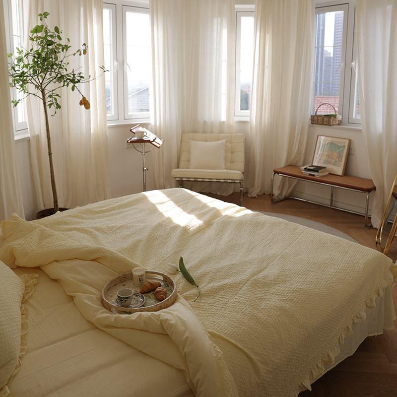 (Position at home) Simple texture, four-piece lace double bedding set, milk tea color pure cotton washed cotton YU
