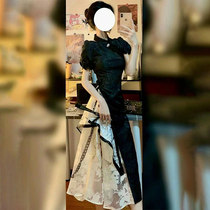 Chinese girl improved cheongsam new Chinese style national style womens high-cold royal sister style black puff sleeve dress for women summer