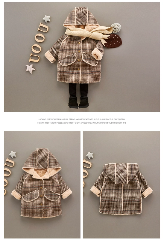 Áo khoác bé gái mùa thu đông cho bé cộng với áo len nhung dày kẻ sọc dài áo gió 01-22-3 tuổi