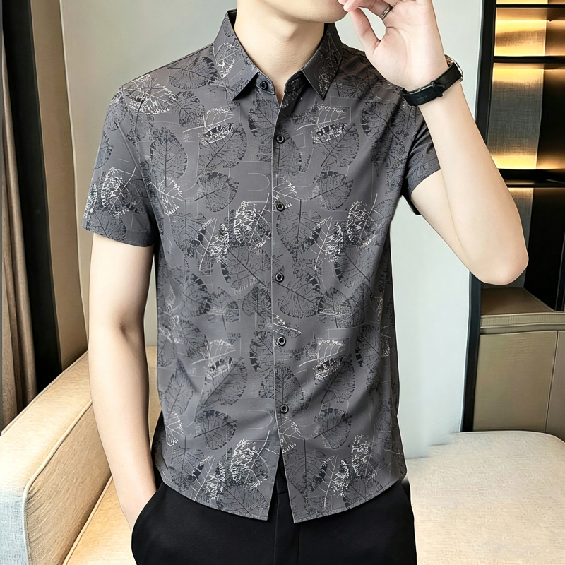 Stretch Ice Silk Short-Sleeved Men's Shirt, Summer Thin Style, No-Iron, Anti-Wrinkle, Printed, Casual, High-End, Handsome, Slim-Fit Shirt Stretch Ice Silk Short-Sleeved Men's Shirt, Summer Thin Style, No-Iron, Anti-Wrinkle, Printed, Casual, High-End, Handsome, Slim-Fit Shirt